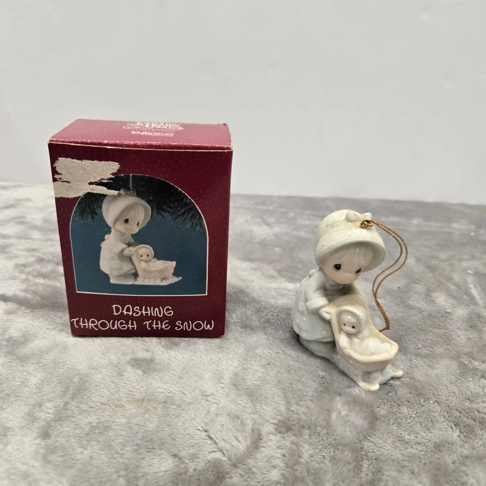 Precious Moments Dashing‎ Through the Snow Ornament 521574 Girl Sled 1990 Enesco